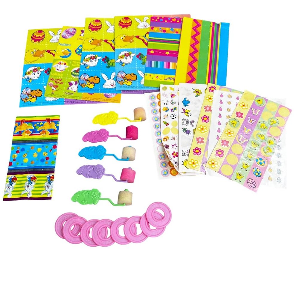 Vintage Dudleys Easter Decorating Lot Roller Bunnies Stickers Wrap Stands Rings